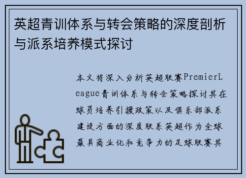 英超青训体系与转会策略的深度剖析与派系培养模式探讨