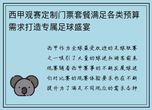 西甲观赛定制门票套餐满足各类预算需求打造专属足球盛宴