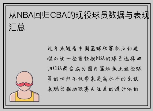 从NBA回归CBA的现役球员数据与表现汇总